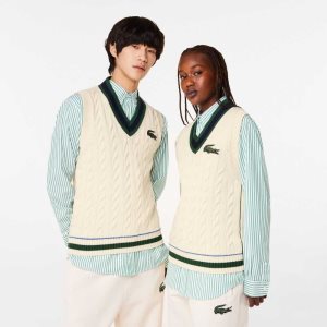 Lacoste Cable Knit Vest in Organic Puuvilla Valkoinen | ZYX-634179