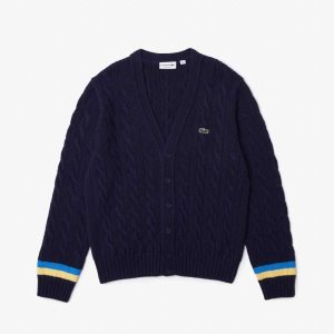 Lacoste Classic Fit Contrast Raidallinen Cardigan Laivastonsininen Sininen Keltainen Sininen | AMS-964285
