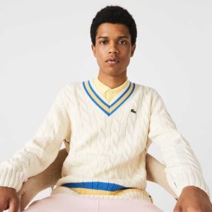 Lacoste Classic Fit Contrast Raidallinen Villa Valkoinen Keltainen Sininen | VJG-243076