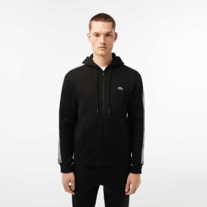 Lacoste Classic Fit Zipped Hoodie with Brand Stripes Mustat | VNM-128059