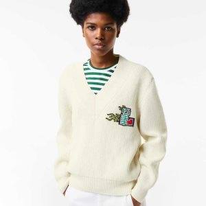 Lacoste Comic Badge V-Neck Villa Valkoinen | RQU-675243
