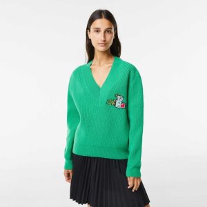 Lacoste Comic Badge V-Neck Villa Vihreä | WDM-935481