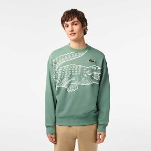 Lacoste Crew Neck Loose Fit Croc Print Khaki Vihreä | NLY-852017