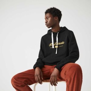 Lacoste Embroidered Lettering Hupullinen Puuvilla Fleece Mustat | NVI-013978