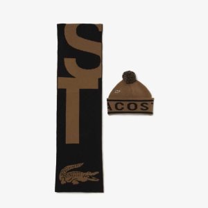 Lacoste Jacquard Knit Beanie And Scarf Gift Set Ruskea Mustat | IBF-057468