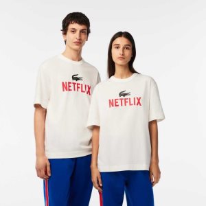 Lacoste Netflix Loose Fit Organic Puuvilla T-Shirt Valkoinen | CSA-724835