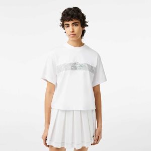 Lacoste Oversized Net Print Jersey T-Shirt Valkoinen | BVH-725314