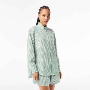 Lacoste Raidallinen Puuvilla Poplin Shirt Vihreä Valkoinen | VUP-419537