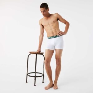 Lacoste Raidallinen Vyötärö Long Stretch Puuvilla Bokserin Brief 3-Pack Harmaat Valkoinen Laivastonsininen Sininen | NGI-182546
