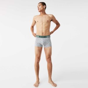 Lacoste Raidallinen Vyötärö Stretch Puuvilla Trunk 3-Pack Harmaat Valkoinen Laivastonsininen Sininen | LHQ-476152