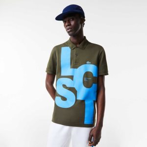 Lacoste Regular Fit Contrast Lettering Petit Pique Khaki Vihreä | BHC-156427
