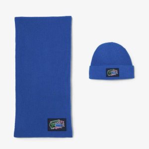 Lacoste Ribbed Villa Beanie And Scarf Gift Set Sininen | QLC-213904