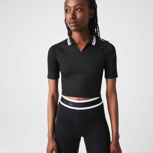 Lacoste SPORT Ribbed Lyhyt And Stretch Polo Mustat | CZF-432589