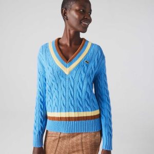 Lacoste V-Neck Cable Knit Villa Sininen Keltainen Ruskea | DQX-621758