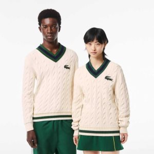 Lacoste V-Neck Cable Knit in Organic Puuvilla Valkoinen | BED-702941