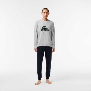 Lacoste Velvet Logo Long Pajama Set Laivastonsininen Sininen Harmaat Vihreä | CWQ-948156