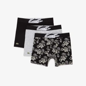 Lacoste XXL Crocodile Vyötärö Long Stretch Puuvilla Bokserin Brief 3-Pack Mustat Valkoinen Harmaat | SKR-713946